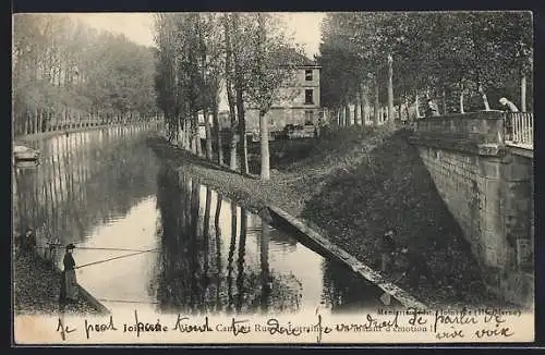 AK Joinville, Vue du canal avec pêcheur et rangée d`arbres