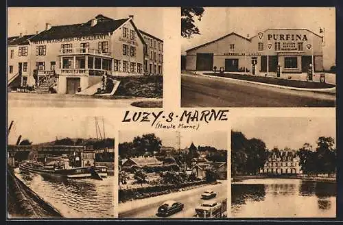 AK Luzy-sur-Marne, Vue multiple: Hôtel Beauséjour, station Purfina, canal et château