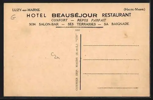 AK Luzy-sur-Marne, Vue multiple: Hôtel Beauséjour, station Purfina, canal et château
