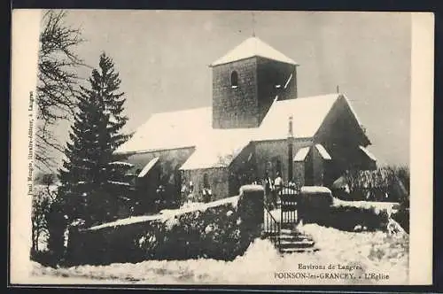AK Poinson-les-Grancey, L`Église sous la neige