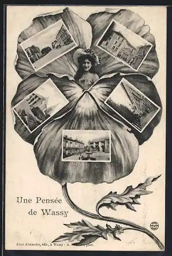 AK Wassy, Une Pensée de Wassy avec vues intégrées sur pétale et portrait féminin au centre