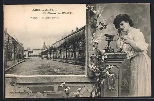 AK Wassy, Rue Général-Defrance et femme au téléphone