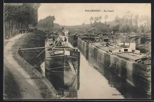 AK Rolampont, Le Canal avec péniches amarrées et chemin bordé d`arbres