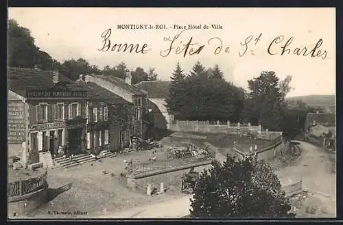 AK Montigny-le-Roi, Place Hôtel de Ville avec décorations de fête et commerces