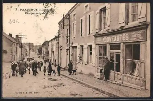 AK Prauthoy, Rue principale avec boutique et troupeau en marche