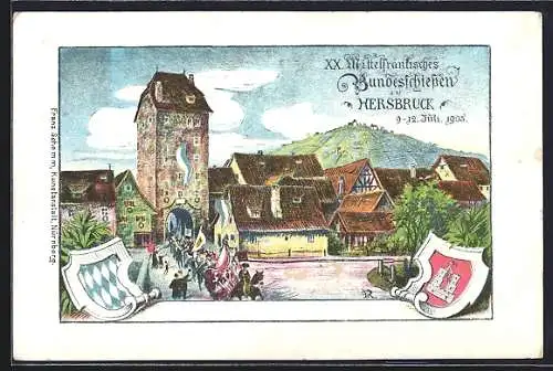Lithographie Hersbruck, XX. Mittelfränkisches Bundesschiessen 9.-12. Juli 1905, Ortsansicht, Ganzsache Bayern, PP15 C81