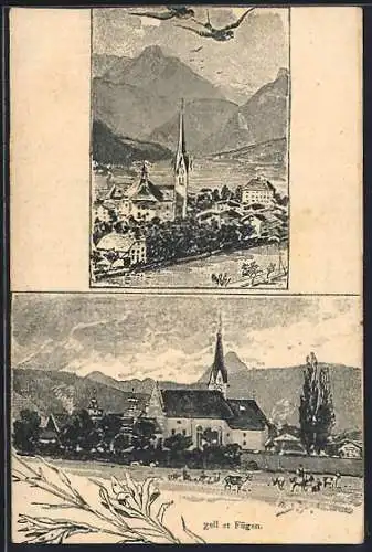 Künstler-AK sign. Frech: Zell im Zillertal, Ortsansicht gegen die Berge, Teilansicht vom Fügen, Ganzsache Bayern