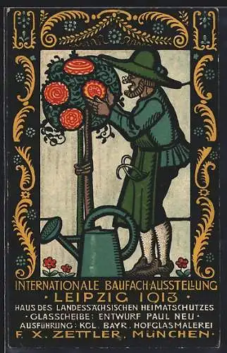 AK Leipzig, Internationale Baufach-Ausstellung 1913, Gärtner mit Rosenstock