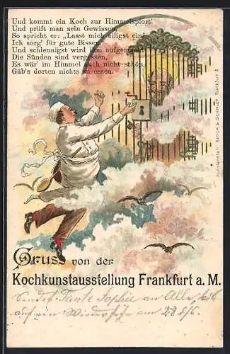 AK Frankfurt a. M., Kochkunstausstellung, Ein Koch schwebt zur Himmelspforte