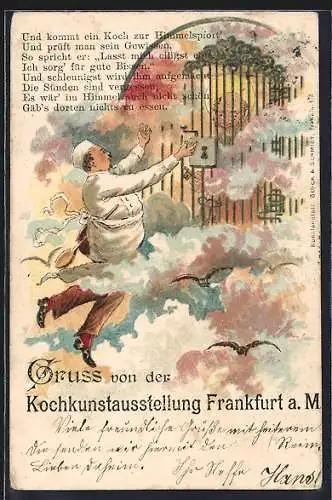 AK Frankfurt a. M., Kochkunstausstellung, Koch fliegt zur Himmelspforte