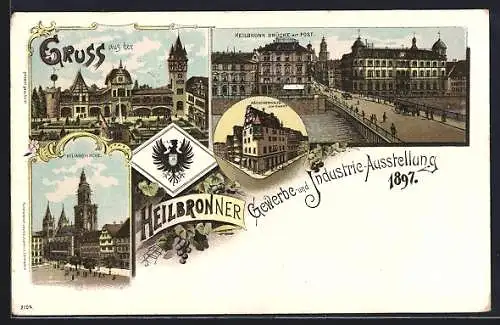 Lithographie Heilbronn, Gewerbe- und Industrie-Ausstellung 1897, Brücke mit Post, Käthchenhaus am Markt, Kilianskirche