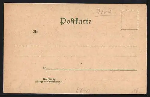Lithographie Heilbronn, Gewerbe- und Industrie-Ausstellung 1897, Brücke mit Post, Käthchenhaus am Markt, Kilianskirche