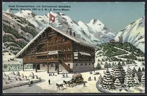 AK Maloja /Engadin, Hotel Schweizerhaus und Schlosshotel Belvédère v. E. Berns-Meyer