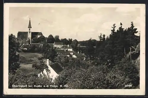 AK Raabs an der Thaya, Oberndorf mit Kirchturm aus der Vogelschau