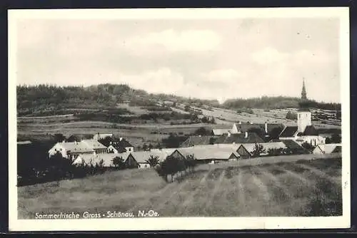 AK Gross-Schönau, Blick vom Hang aus auf den Ort mit der Pfarrkirche hl. Leonhard