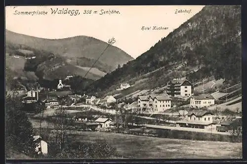 AK Waldegg, Ortsansicht mit Hotel Kuchner & Bahnhof