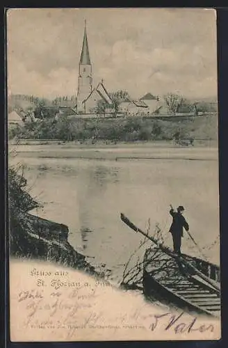 AK St. Florian a. Inn, Blick von der gegenüberliegenden Flussseite zur Kirche