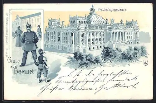 Lithographie Berlin, Reichstagsgebäude, Polizist u. Schusterjunge