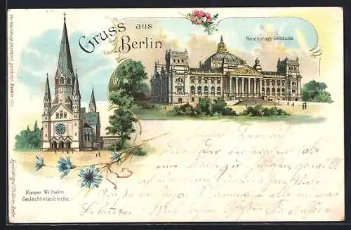 Lithographie Berlin-Tiergarten, Reichstags-Gebäude, Kaiser Wilhelm-Gedächtniskirche