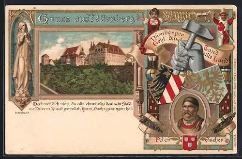 Lithographie Nürnberg, Schloss, Madonna, Portrait peter Vischer