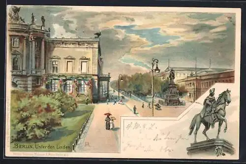 Lithographie Berlin, Unter den Linden, Denkmal Friedrich der Grosse