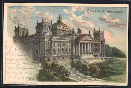 Lithographie Berlin-Tiergarten, Reichstagsgebäude um 1900