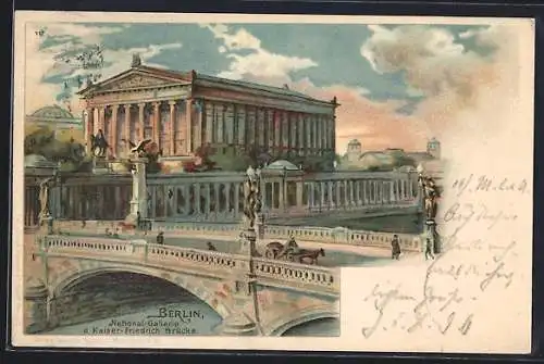 Lithographie Berlin, National-Galerie und Kaiser-Friedrich-Brücke