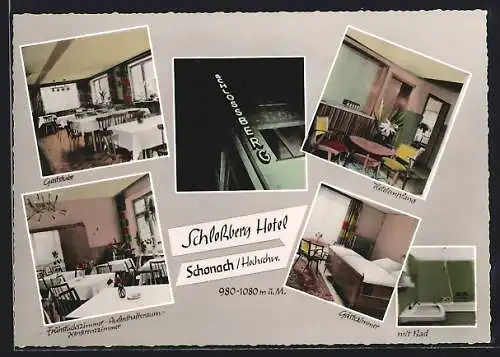 AK Schonach /Hochschw., Schlossberg-Hotel A. Schwer, Innenansichten u. Neonschild