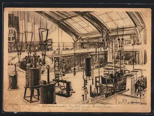 Künstler-AK Berlin-Westend, Electrotechnisches Prüffeld in der Werkstoffschau 1927, Ausstellungshalle am Kaiserdamm