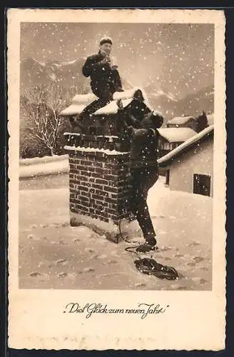 AK Neujahrgrüsse, Schornsteinfeger auf einem verschneiten Dach bei der Arbeit