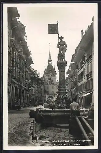 AK Bern, Marktgasse mit Käfigturm und Schützenbrunnen