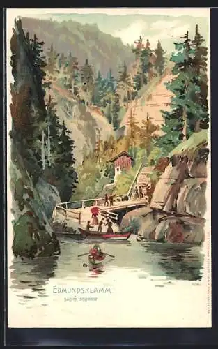 Lithographie Edmundsklamm, Besucher erklimmen den Bergklamm