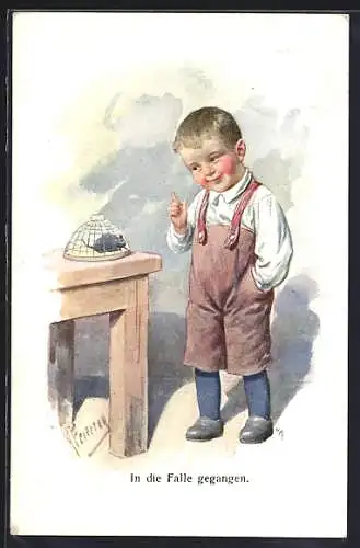 Künstler-AK Karl Feiertag: Kleiner Junge unterhält sich mit Maus in der Falle