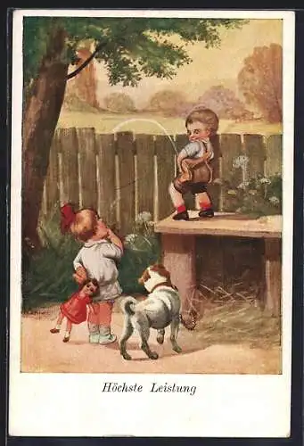 Künstler-AK H.Zahl: Höchste Leistung, Junge pinkelt über den Zaun, Mädchen schaut erstaunt zu