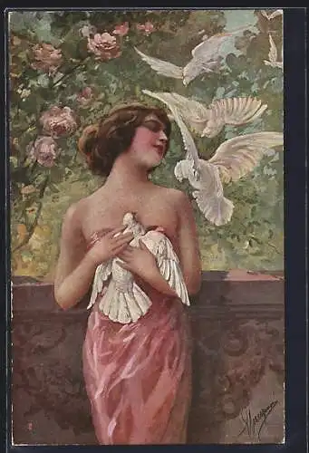 Künstler-AK sign. Manzoni: Junge Dame wird auf ihrem Balkon von Tauben überrascht