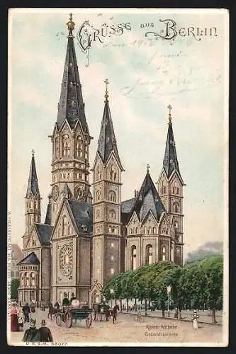 Lithographie Berlin-Charlottenburg, Kaiser-Wilhelm-Gedächtniskirche, Halt gegen das Licht: beleuchtete Fenster