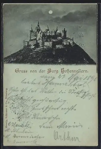 Mondschein-AK Die Burg Hohenzollern bei Nacht