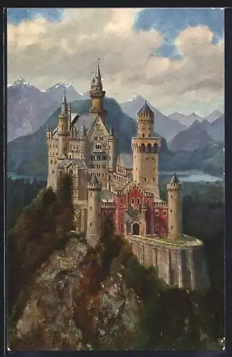 Künstler-AK H. Hoffmann: Schloss Neuchwanstein mit Schwan- und Alpsee