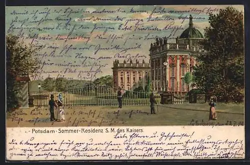 Lithographie Potsdam, Berlin, Sommer-Residenz S.M. des Kaisers, Frauen m.Regenschirmen, Polizist