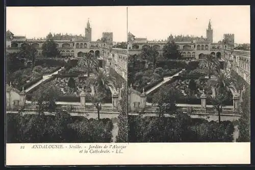 Stereo-AK Séville /Andalousie, Jardins de l`Alcazar et la Cathédrale