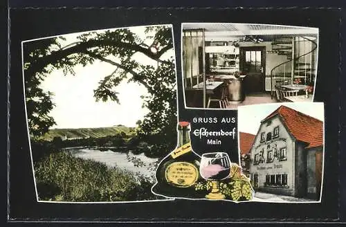 AK Escherndorf /Main, Gasthaus goldene Traube J. Nunn, Aussen- u. Innenansicht, Gewässerpartie, Bocksbeutel u. Weinglas