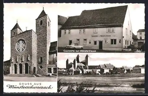 AK Münsterschwarzach, Gaststätte zur Münsterklause L. Hertlein, Abtei-Panorama vom Wasser aus