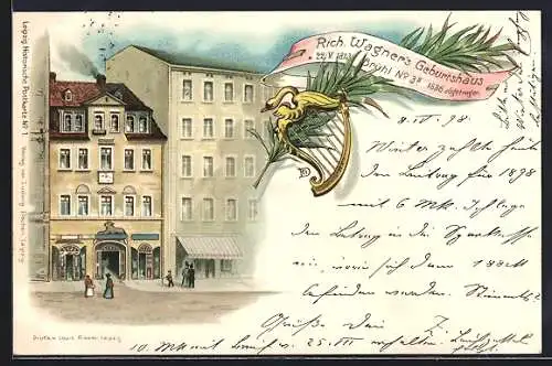 Lithographie Leipzig, Richard Wagners Geburtshaus, Harfe, Schwan, Lorbeer