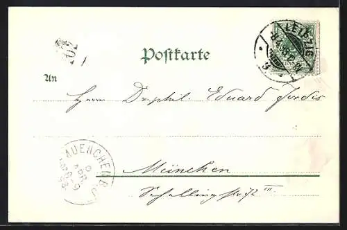 Lithographie Leipzig, Richard Wagners Geburtshaus, Harfe, Schwan, Lorbeer