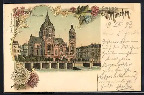 Lithographie München, St. Lucaskirche, Panorama mit Brücke, Blumen