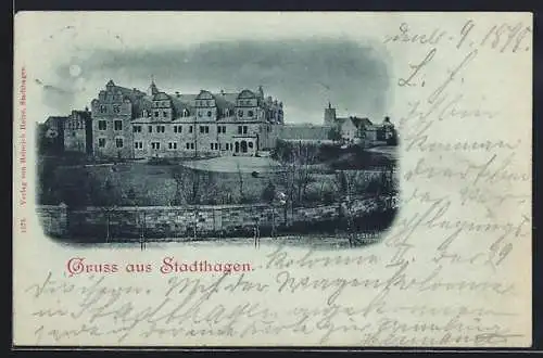 Mondschein-AK Stadthagen, Schlosspanorama mit Anlagen und Mauer