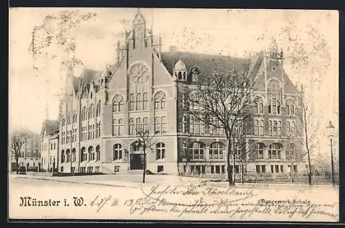 AK Münster i. W., Baugewerk-Schule, Ansicht von der Strasse