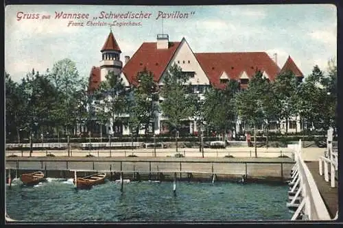 AK Berlin-Wannsee, Gaststätte Logierhaus Schwedischer Pavillon F. Eberlein mit Strasse u. Brücke, vom Wasser gesehen