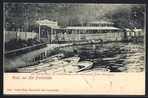 AK Berlin-Schlachtensee, Gaststätte Alte Fischerhütte vom Wasser aus, mit Ruderbooten u. Promenade