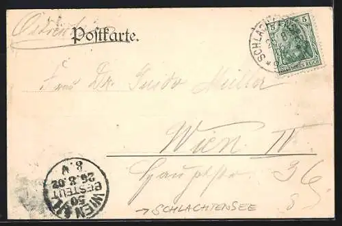 AK Berlin-Schlachtensee, Gaststätte Alte Fischerhütte vom Wasser aus, mit Ruderbooten u. Promenade